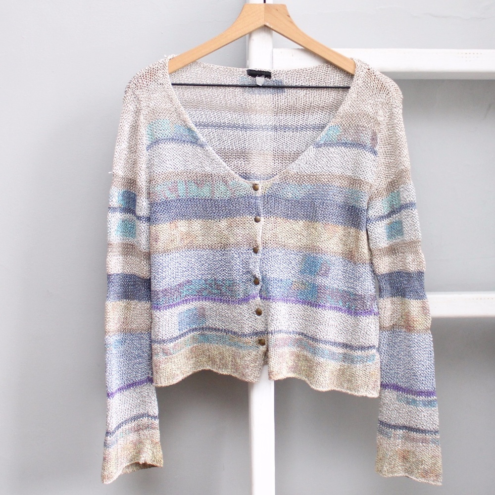Vintage Striped Knit Cardigan in Beige, Blue, Lavender